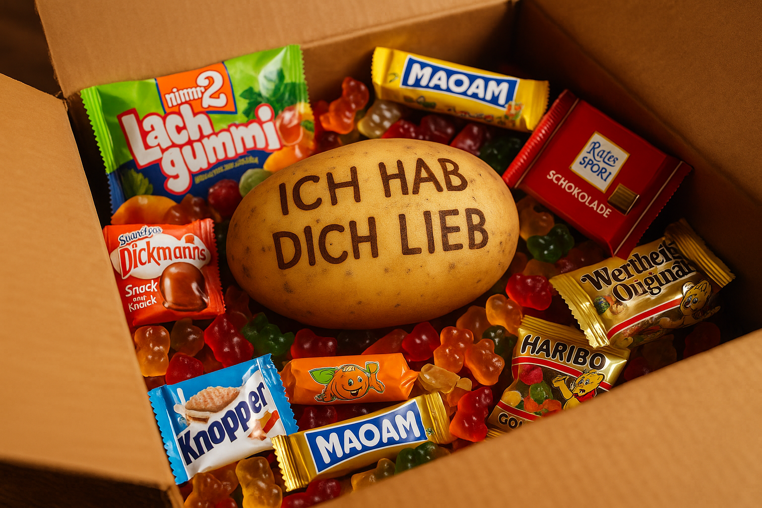 Kartoffel mit einer Nachricht die in einem Karton mit Süßkram liegt
