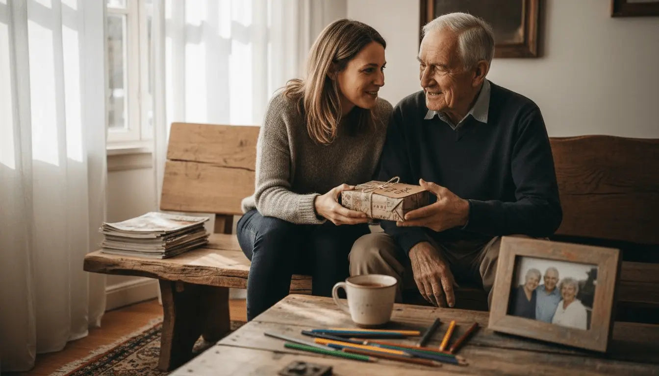 Im Wohnzimmer überreicht eine Frau ein ganz persönliches Geschenk.