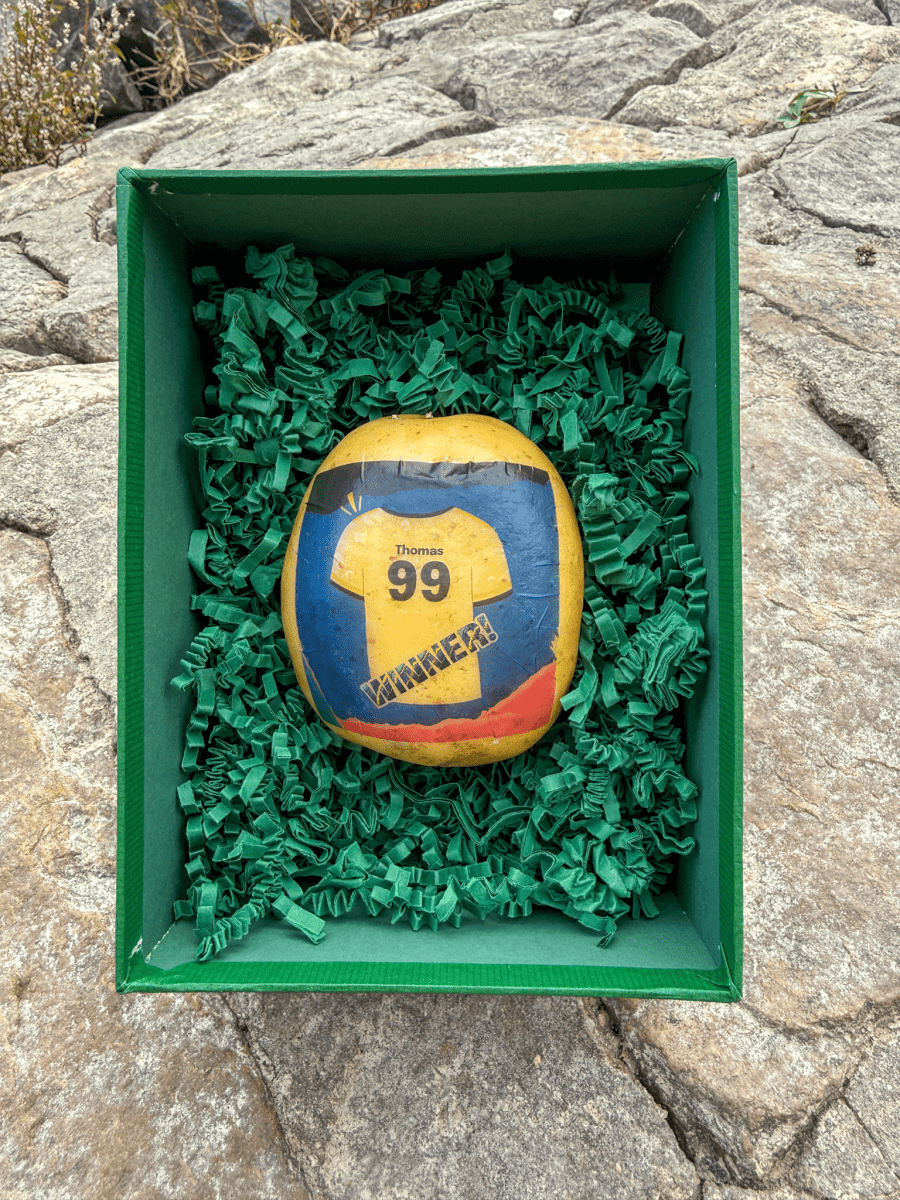 A potato with an image of a football shirt and the word "winner" is lying in a box. The image is taken from above