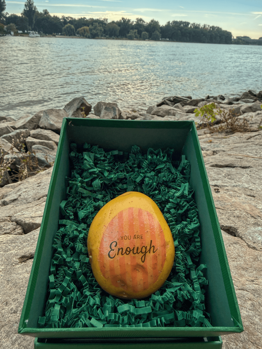 A potato is lying in a gift box on dark green fluff. The potato has a clipart with the text you're amazing on it.