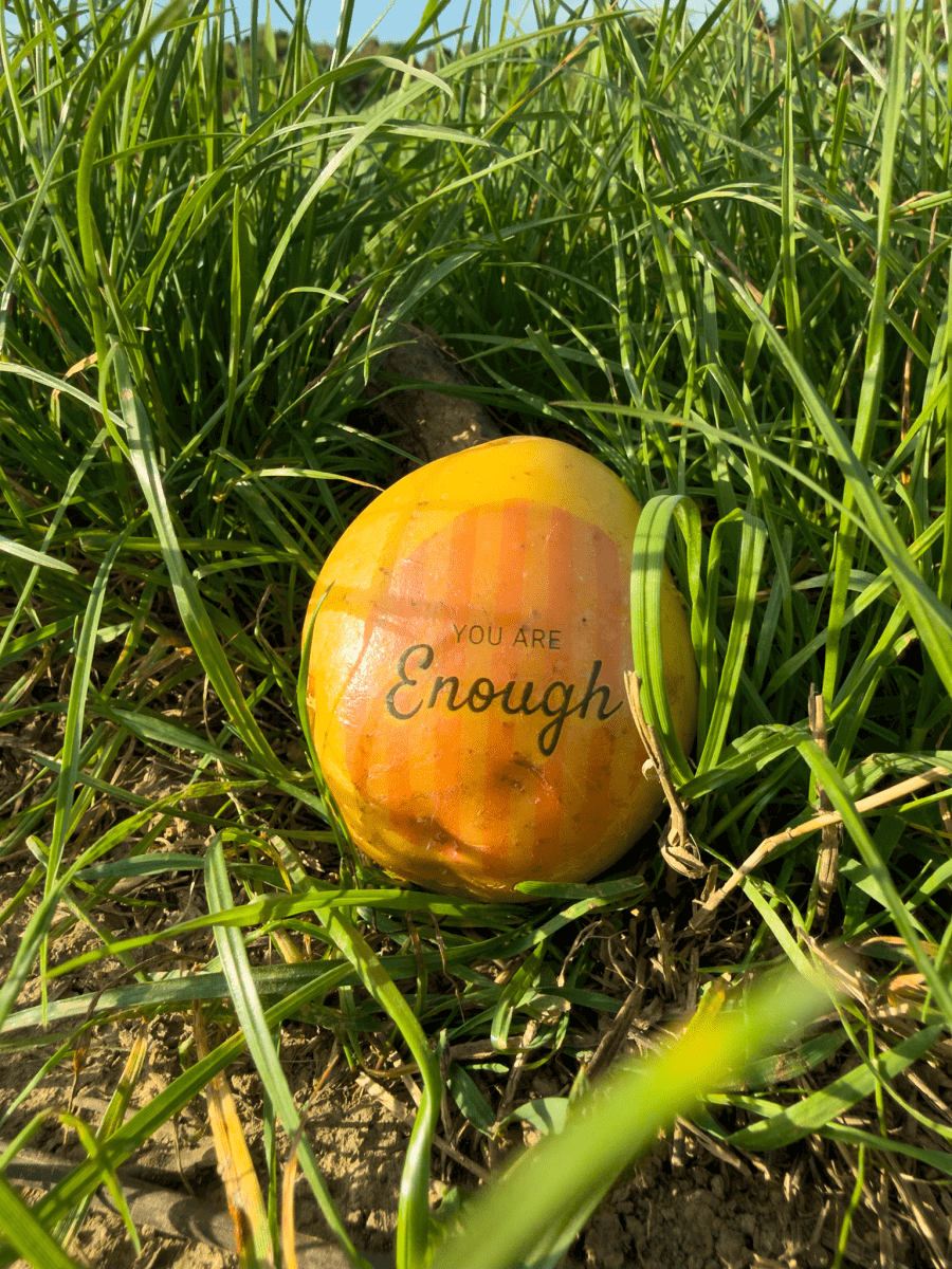 A potato is lying in tall grass. The potato has a clipart with the text you're amazing on it.