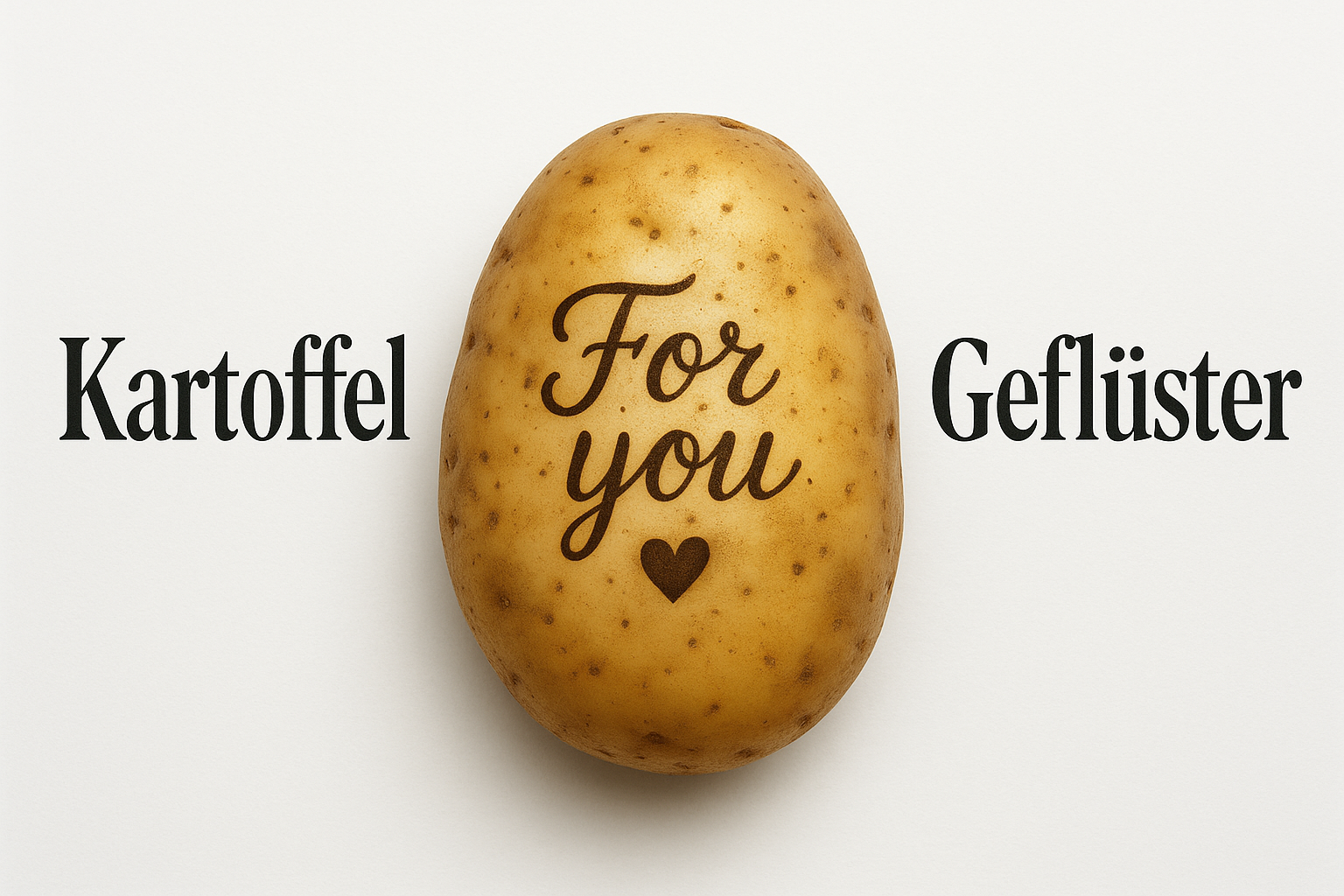 Potato with "For you" with a heart Written on it on plain background. Framed by the words "Kartoffel" on the left and "Geflüster" on the right